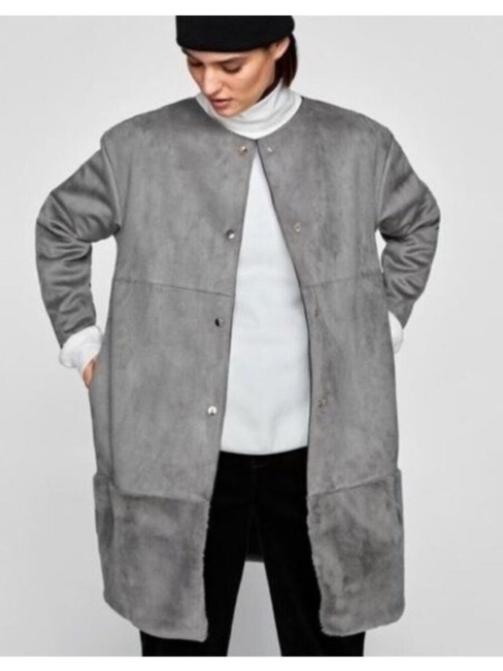 🛍 Zara Faux Suede w/ Contrasting Faux Fur Longline Snap Up Jacket in Gray